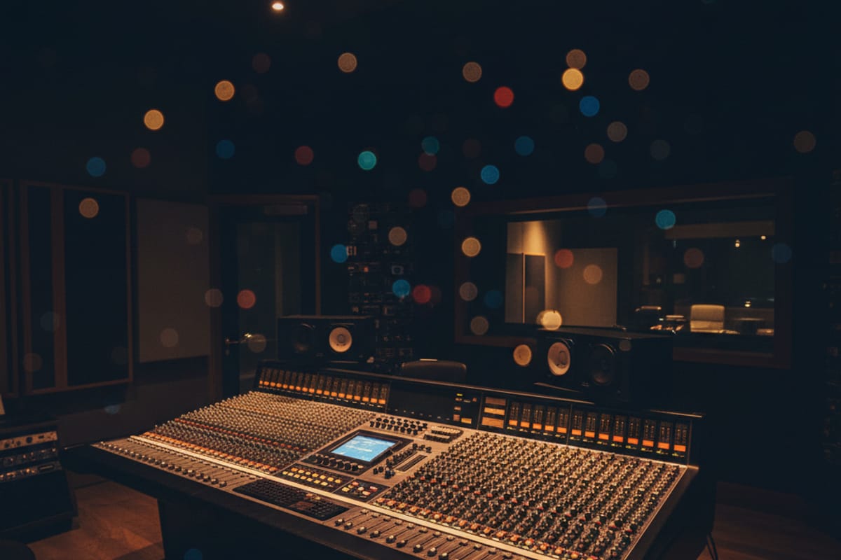 Professional recording studio with soundboard and equipment
