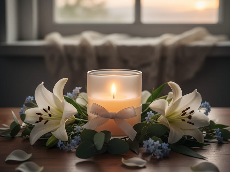 Memorial tribute setting with candles and flowers for remembrance song